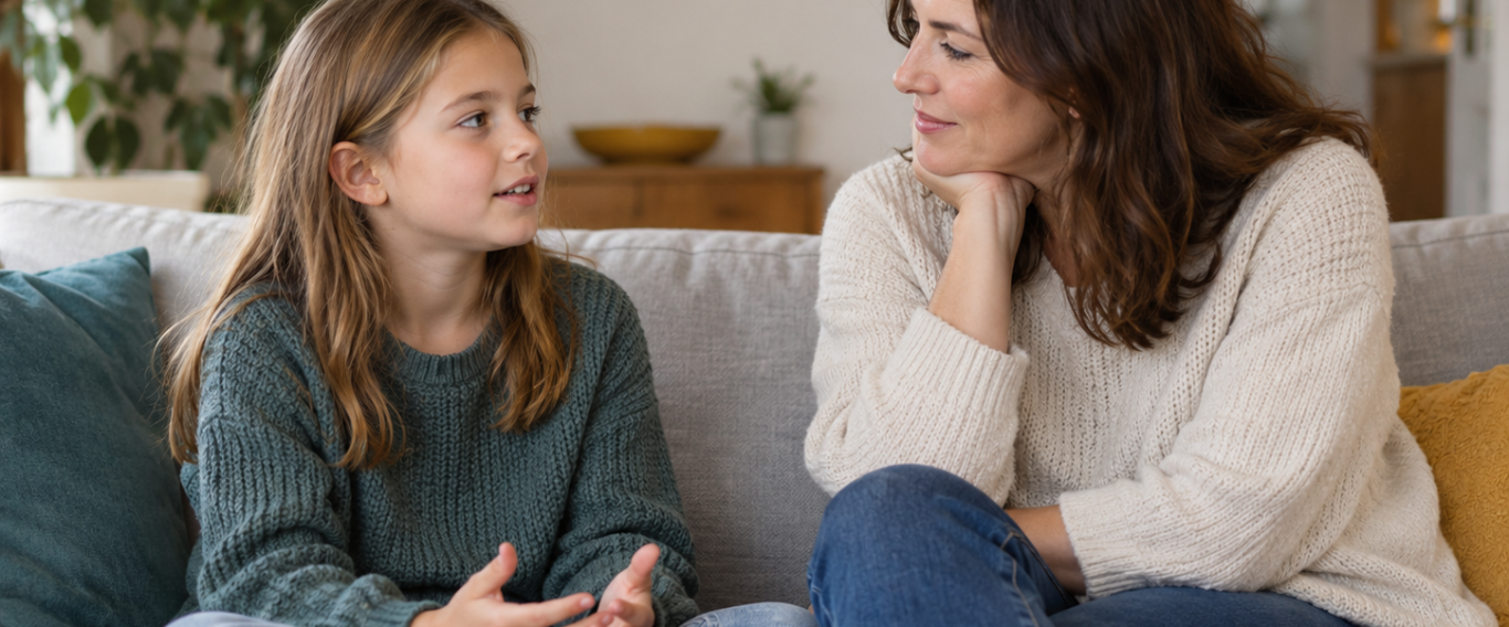 Illustrative image of a young person and parent talking in a calm setting
