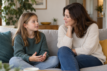 Illustrative image of a parent listening to a young person in a calm setting