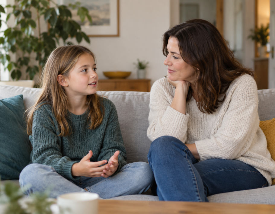 Illustrative image of a young person and parent talking in a calm setting