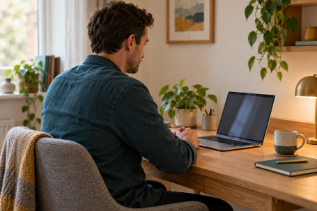 Illustrative image of an adult at a laptop in a calm home workspace