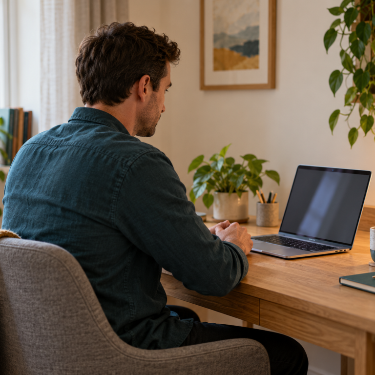 Illustrative image of an adult at a laptop in a calm home workspace