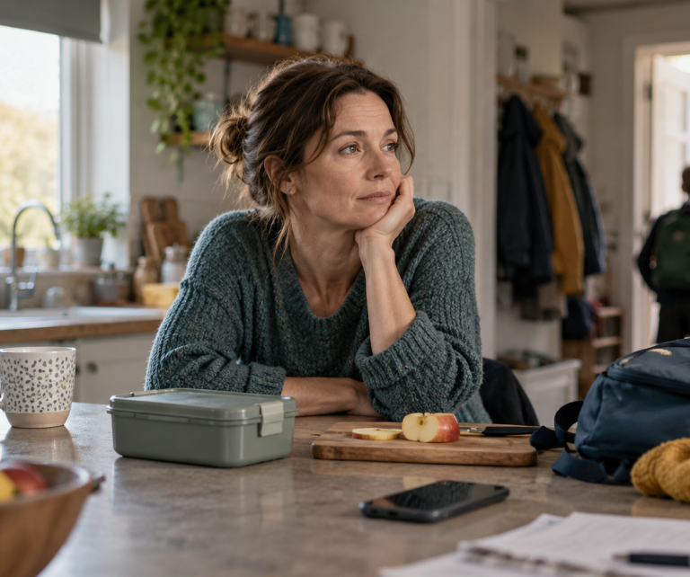 Illustrative photograph of a parent pausing among everyday kitchen tasks, with a lunch box and backpack nearby
