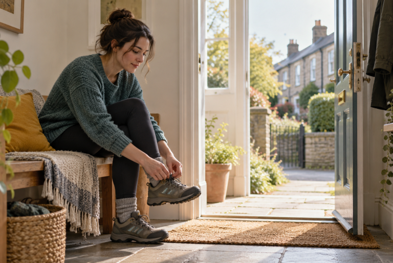 Illustrative photograph of a woman putting on walking shoes beside an open doorway