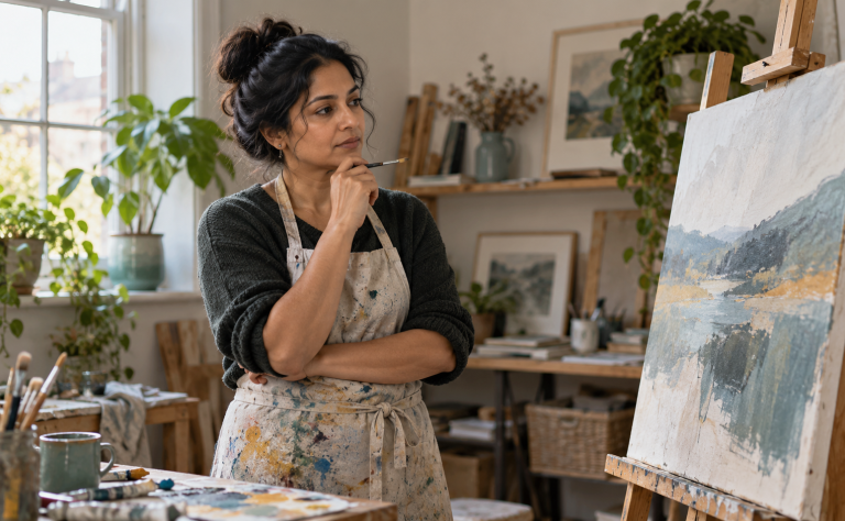 Illustrative photograph of a woman pausing thoughtfully beside an unfinished painting on an easel