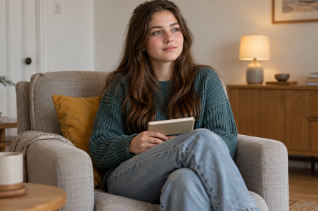 Illustrative image of an adult holding a notebook in a comfortable chair