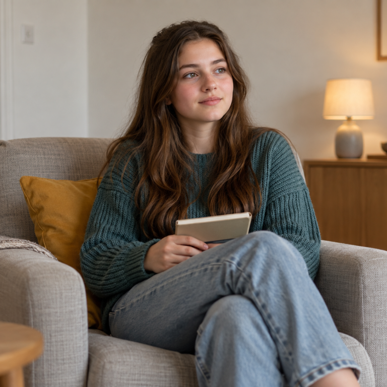 Illustrative image of an adult holding a notebook in a comfortable chair