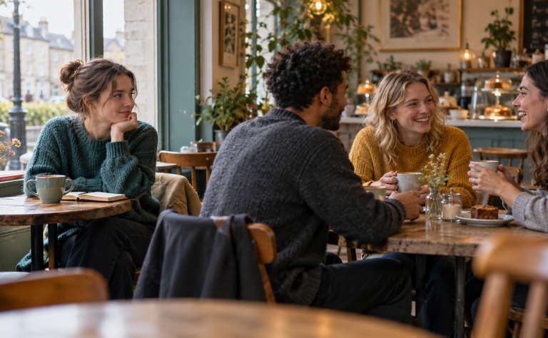Illustrative photograph of a young adult sitting quietly beside a small café gathering