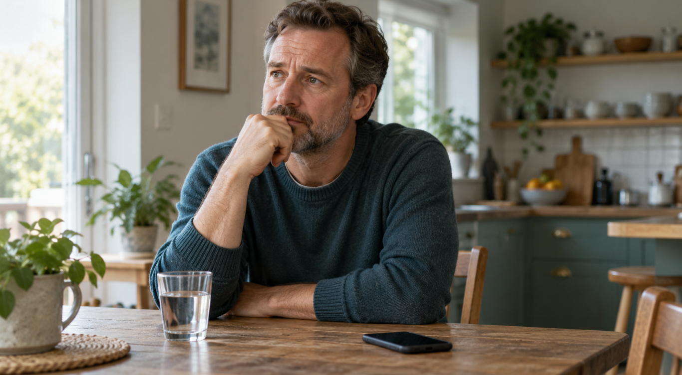 Illustrative photograph of a man pausing at a kitchen table with a phone resting face down nearby