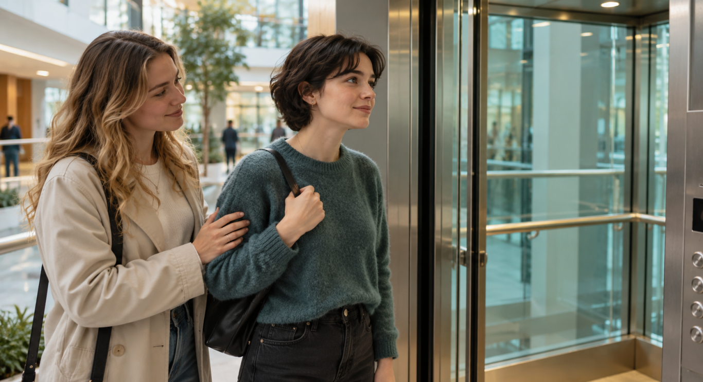 Illustrative photograph of two adults pausing near a glass lift in a bright public building