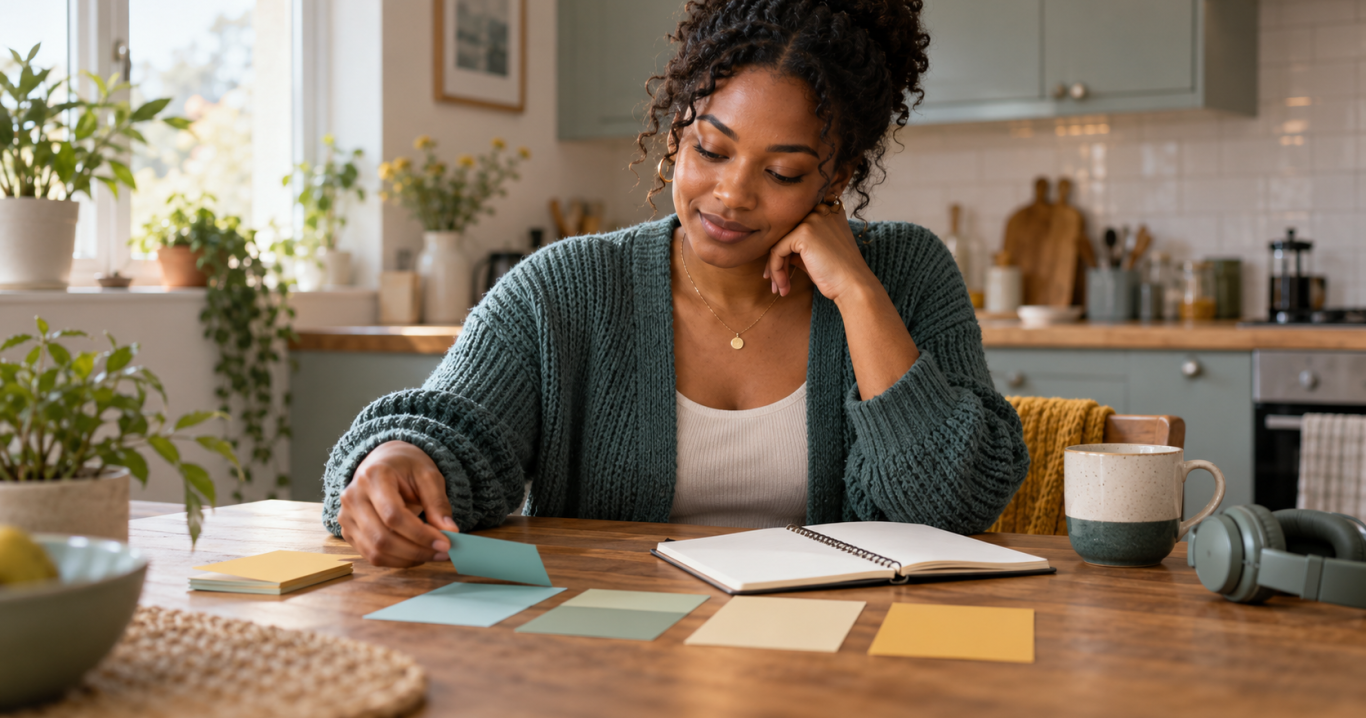 Illustrative photograph of a woman organising small tasks with coloured cards and a notebook