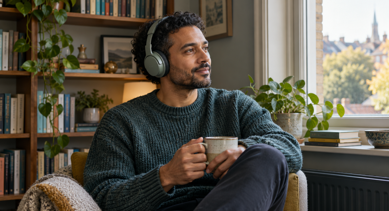 Illustrative photograph of an adult wearing headphones in a quiet book-lined room