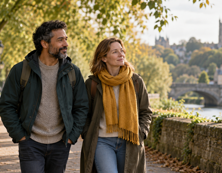 Illustrative photograph of two adults walking along a quiet tree-lined path in daylight