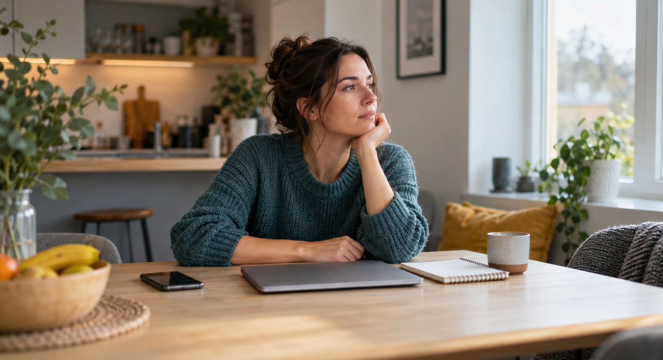 Illustrative photograph of a woman pausing beside a closed laptop and notebook, looking towards a window