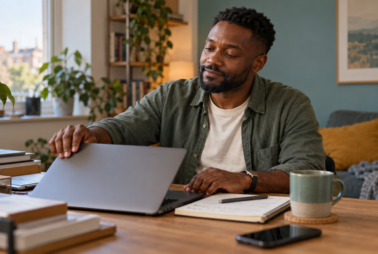 Illustrative photograph of a man closing his laptop and taking a break at a home desk