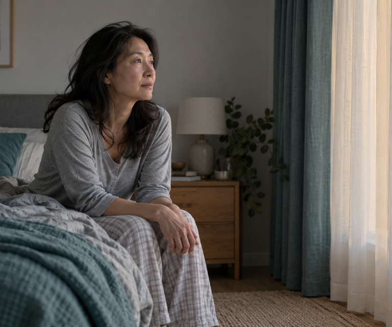 Illustrative photograph of a woman sitting on the edge of a bed and looking towards softly lit curtains