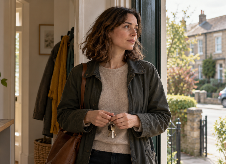 Illustrative photograph of a woman holding house keys and pausing at an open front door
